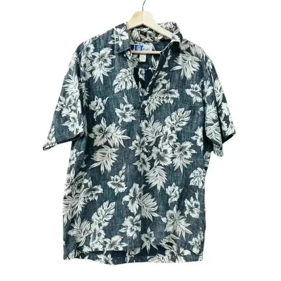 RJC Henely  Hawaiian Tropical Floral Pattern Button Up Blue - Picture 1 of 8